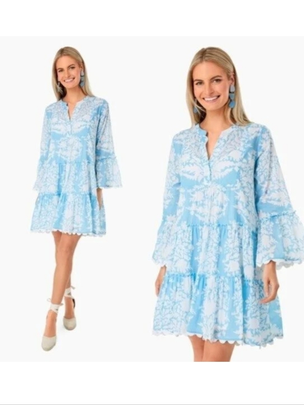 Juliet Dunn London Pastel Palladio Flared Sleeve Mini Dress Floral Boho Resort